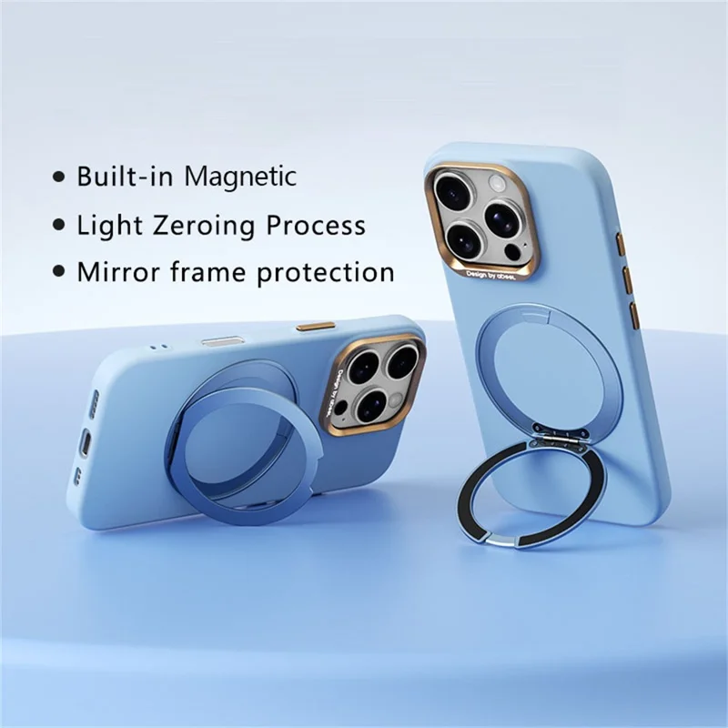 ABEEL For iPhone 16 Pro Max Magnetic Case Ring Kickstand Liquid Silicone Feel PC Phone Cover - Sky Blue