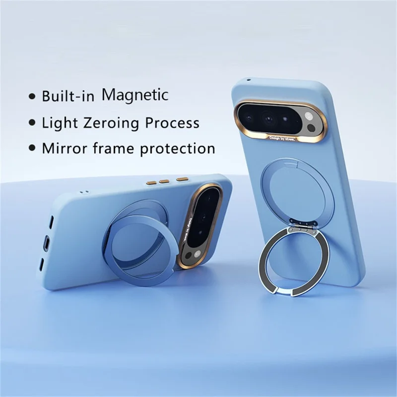 ABEEL For Google Pixel 10 Pro XL Magnetic Case Ring Kickstand Liquid Silicone Feel PC Phone Cover - Sky Blue