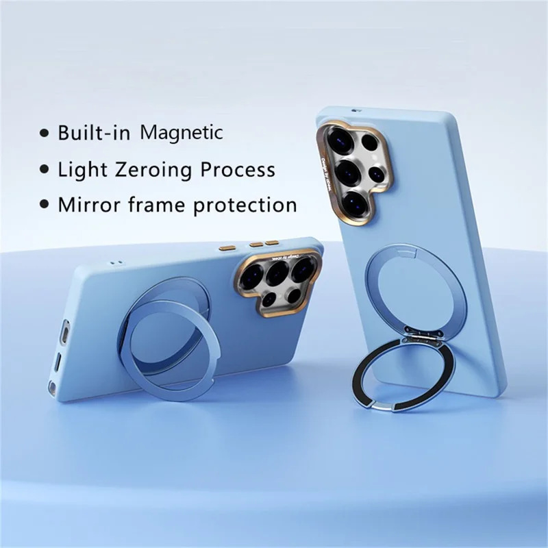 ABEEL For Samsung Galaxy S25 Ultra Magnetic Case Ring Kickstand Liquid Silicone Feel PC Phone Cover - Sky Blue