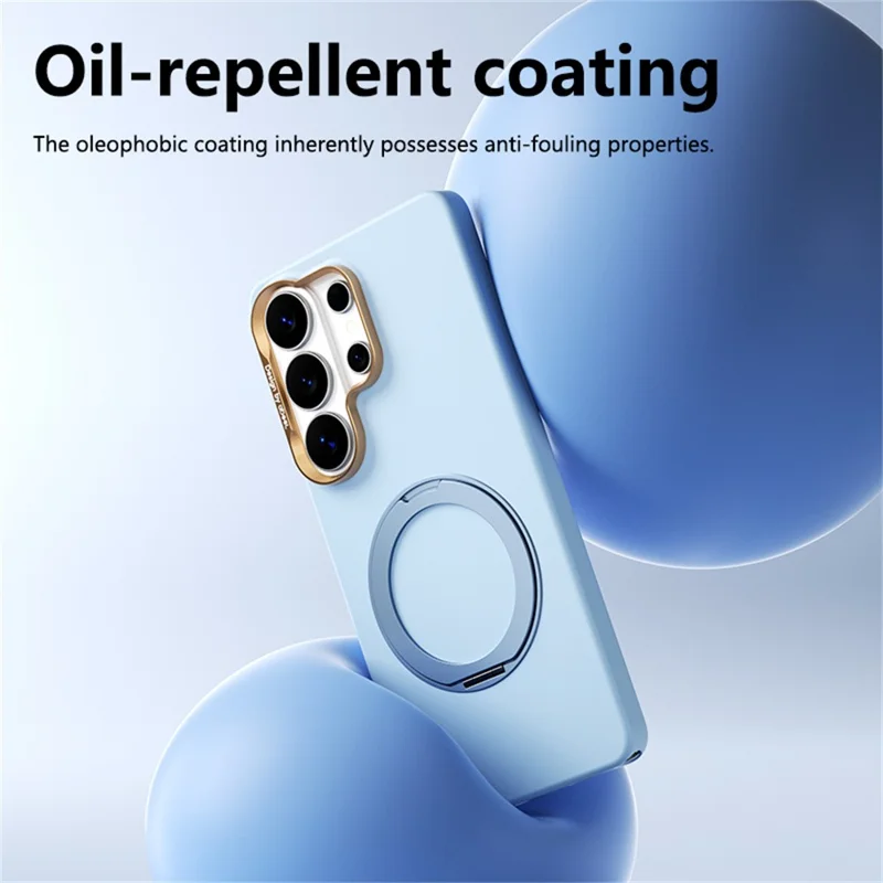 ABEEL For Samsung Galaxy S25 Ultra Magnetic Case Ring Kickstand Liquid Silicone Feel PC Phone Cover - Sky Blue