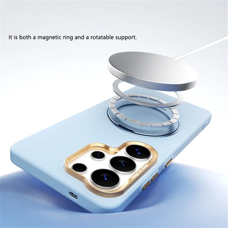 ABEEL For Samsung Galaxy S25 Ultra Magnetic Case Ring Kickstand Liquid Silicone Feel PC Phone Cover - Sky Blue