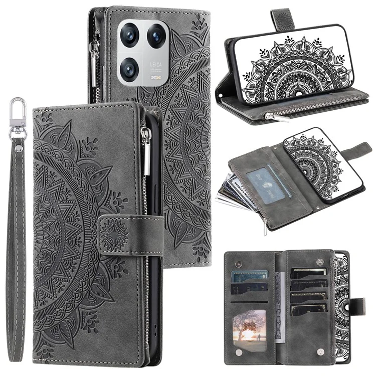 For Xiaomi 13 Shockproof Cell Phone Cover PU Leather Mandala Flower Imprinted Card Holder Zipper Pocket Flip Wallet Phone Case Stand with Strap - Grey
