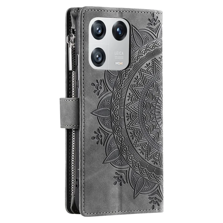 For Xiaomi 13 Shockproof Cell Phone Cover PU Leather Mandala Flower Imprinted Card Holder Zipper Pocket Flip Wallet Phone Case Stand with Strap - Grey