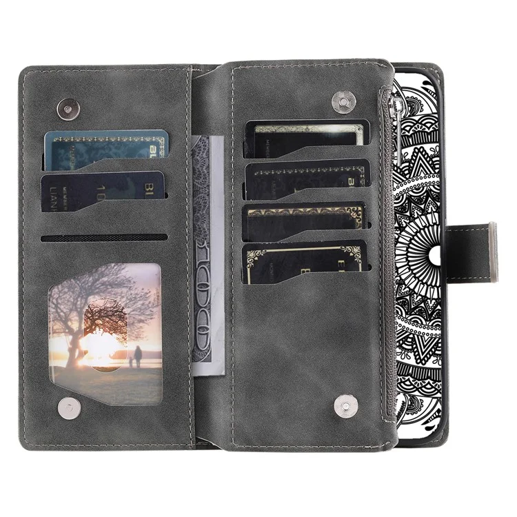 For Xiaomi 13 Shockproof Cell Phone Cover PU Leather Mandala Flower Imprinted Card Holder Zipper Pocket Flip Wallet Phone Case Stand with Strap - Grey