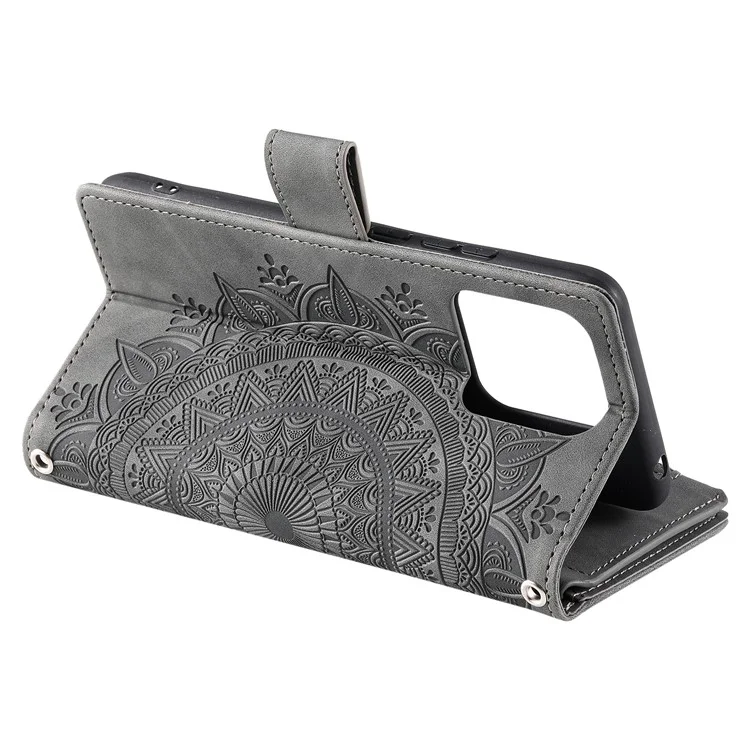 Capa de Celular para Xiaomi 13 Pro 5G PU Leather Mandala Flower Imprinted Card Holder Magnetic Closure Zipper Pocket Wallet Case Stand com Alça - Cinza