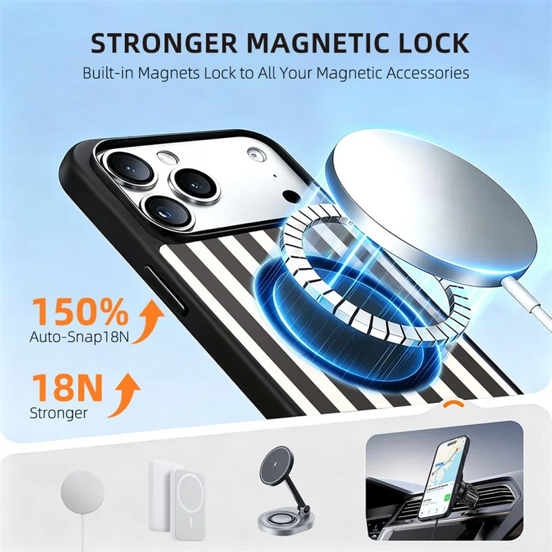 EYCASE Stripeserie til iPhone 18 Pro Max / 17 Pro Max Case kompatibel med MagSafe TPU + Akryl telefonbeskyttelse - Sort/Hvide striber