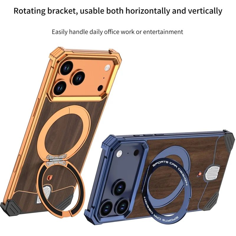 For iPhone 17 Pro Max Frameless Case Walnut Wood Pattern Rotating Kickstand Metal Snap-on Phone Cover - Orange