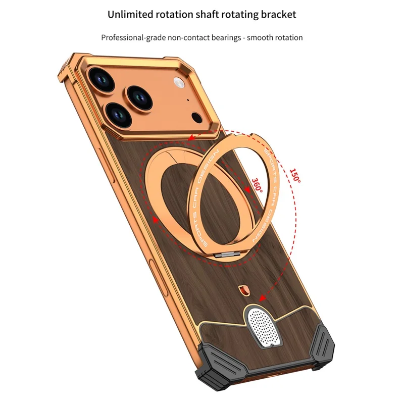 For iPhone 17 Pro Max Frameless Case Walnut Wood Pattern Rotating Kickstand Metal Snap-on Phone Cover - Orange