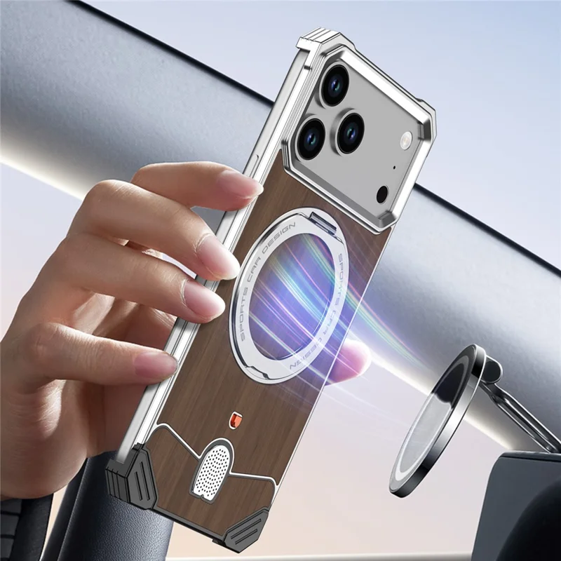For iPhone 17 Pro Max Frameless Case Walnut Wood Pattern Rotating Kickstand Metal Snap-on Phone Cover - Orange