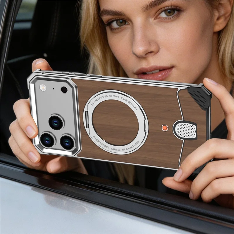 For iPhone 17 Pro Max Frameless Case Walnut Wood Pattern Rotating Kickstand Metal Snap-on Phone Cover - Orange