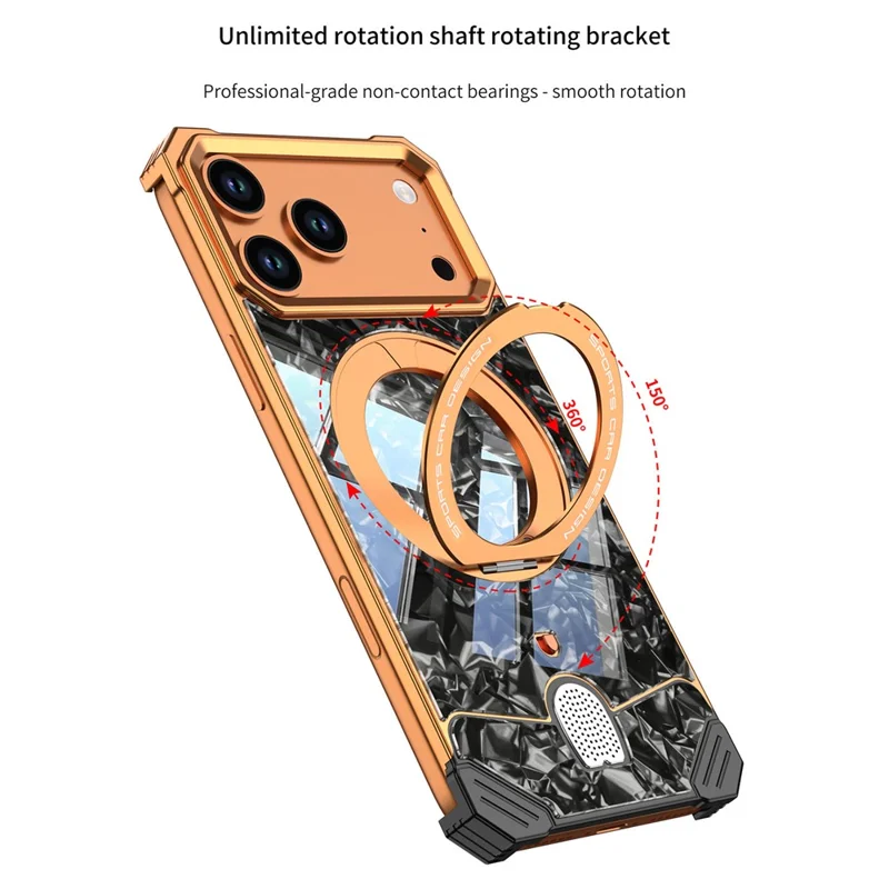 For iPhone 17 Pro Frameless Case Marble Pattern Rotating Kickstand Metal Snap-on Phone Cover - Orange