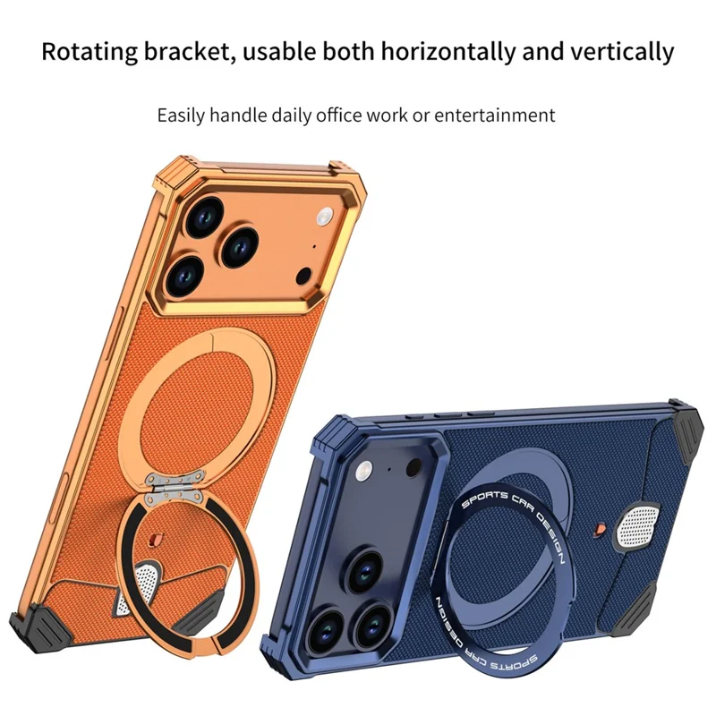For iPhone 17 Pro Frameless Metal Case Snap-on Leather Back Phone Cover with Rotating Kickstand - Orange