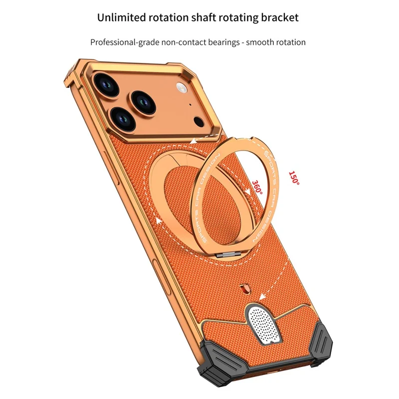 For iPhone 17 Pro Frameless Metal Case Snap-on Leather Back Phone Cover with Rotating Kickstand - Orange