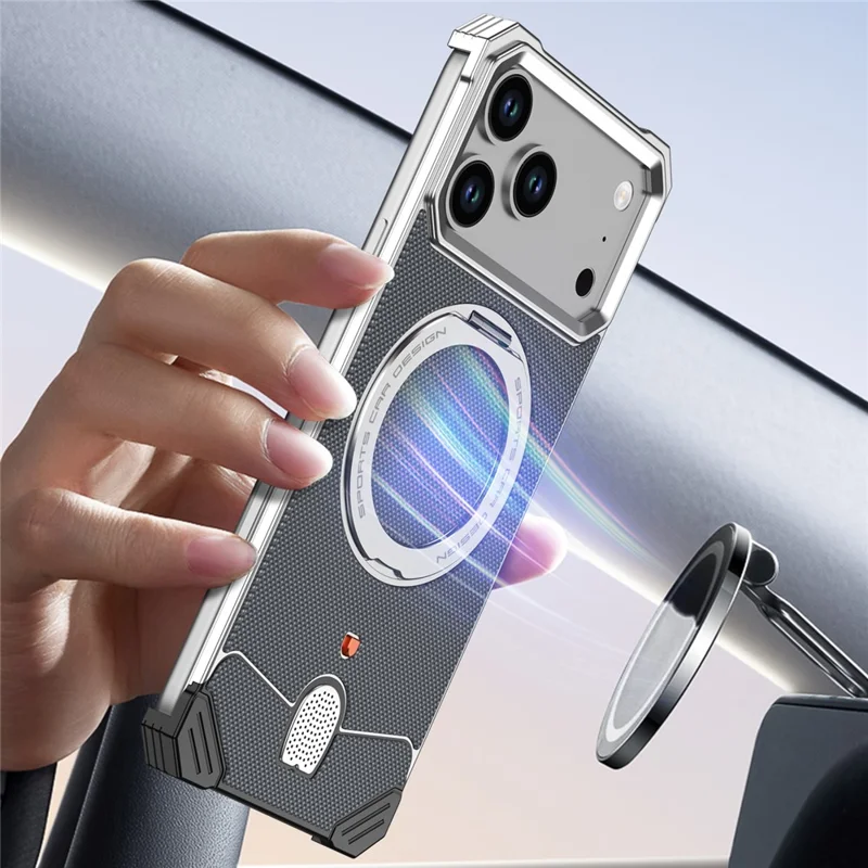 For iPhone 17 Pro Max Frameless Metal Case Snap-on Leather Back Phone Cover with Rotating Kickstand - Orange