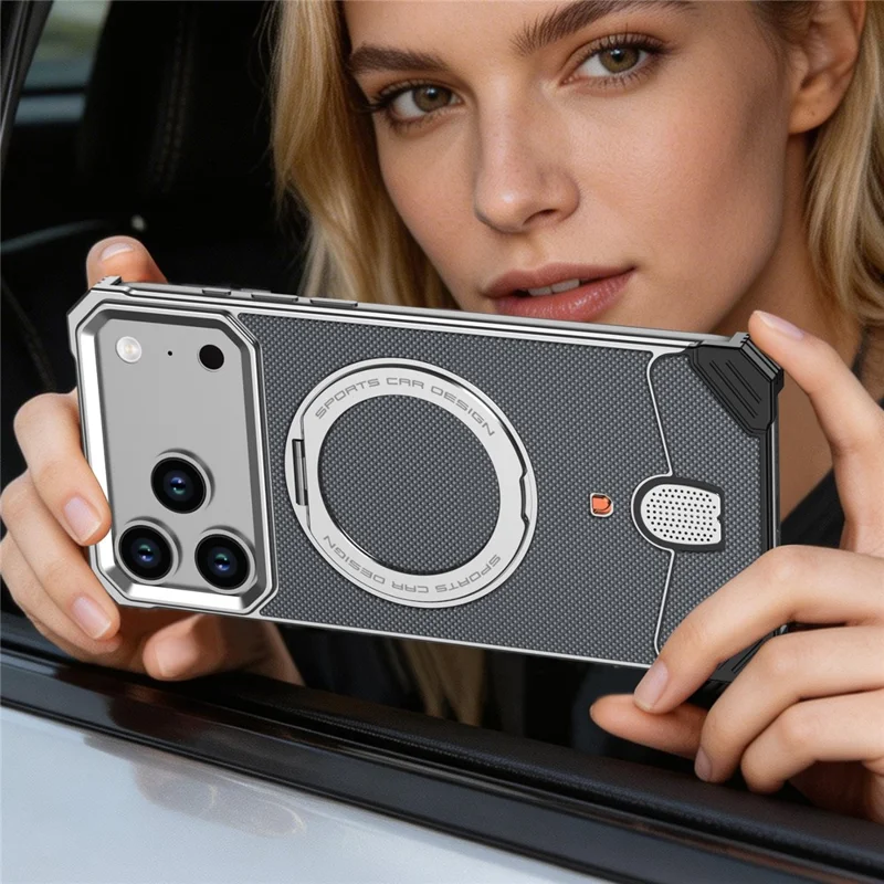 For iPhone 17 Pro Max Frameless Metal Case Snap-on Leather Back Phone Cover with Rotating Kickstand - Orange