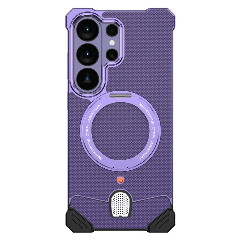For Samsung Galaxy S26 Ultra Frameless Metal Case Snap-on Leather Back Phone Cover with Rotating Kickstand - Purple