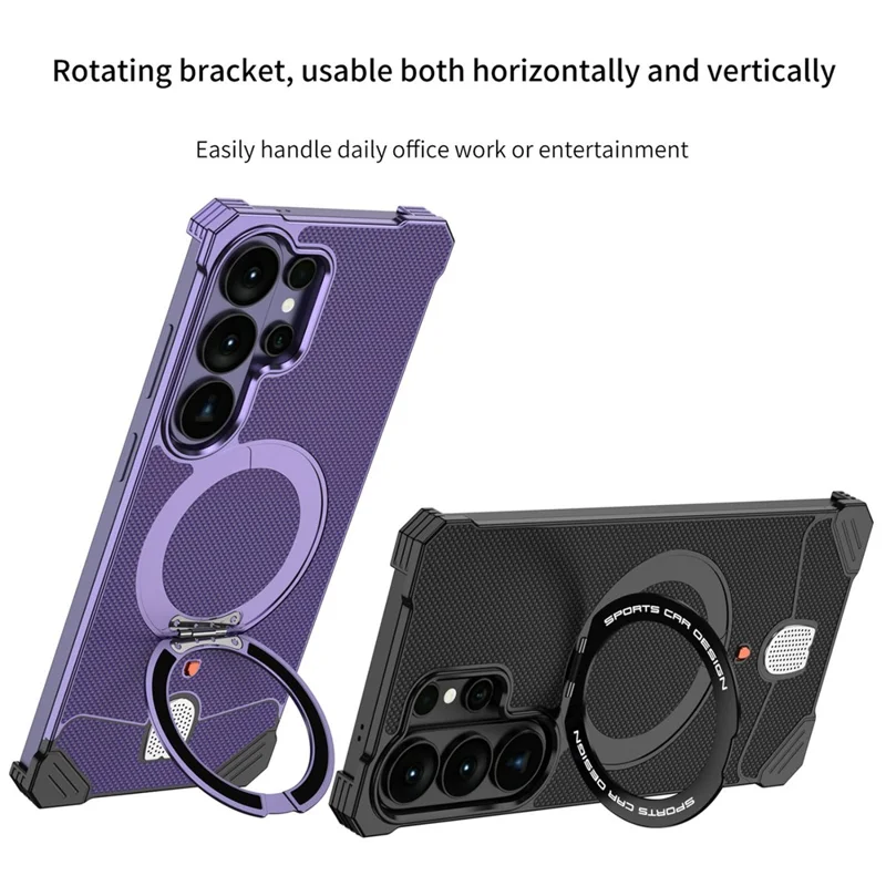 For Samsung Galaxy S26 Ultra Frameless Metal Case Snap-on Leather Back Phone Cover with Rotating Kickstand - Purple