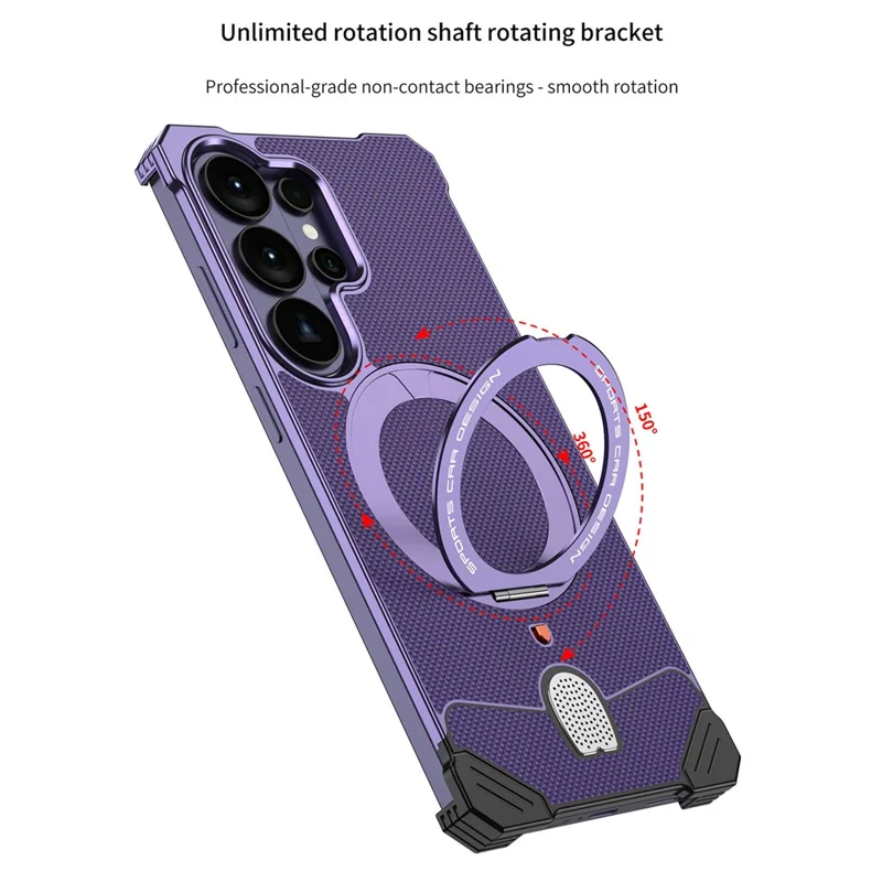 For Samsung Galaxy S26 Ultra Frameless Metal Case Snap-on Leather Back Phone Cover with Rotating Kickstand - Purple