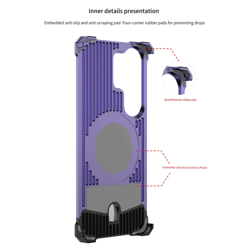 For Samsung Galaxy S26 Ultra Frameless Metal Case Snap-on Leather Back Phone Cover with Rotating Kickstand - Purple