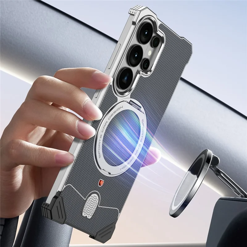 For Samsung Galaxy S26 Ultra Frameless Metal Case Snap-on Leather Back Phone Cover with Rotating Kickstand - Purple