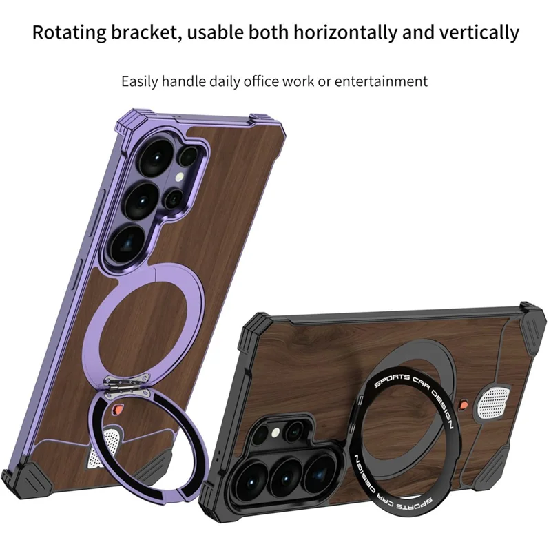 For Samsung Galaxy S26 Ultra Frameless Case Walnut Wood Pattern Rotating Kickstand Metal Snap-on Phone Cover - Purple