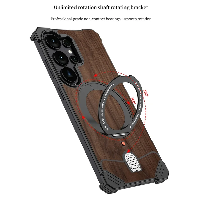 For Samsung Galaxy S26 Ultra Frameless Case Walnut Wood Pattern Rotating Kickstand Metal Snap-on Phone Cover - Purple