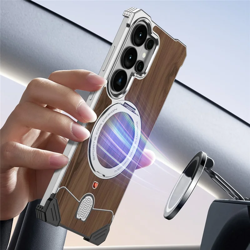 For Samsung Galaxy S26 Ultra Frameless Case Walnut Wood Pattern Rotating Kickstand Metal Snap-on Phone Cover - Purple