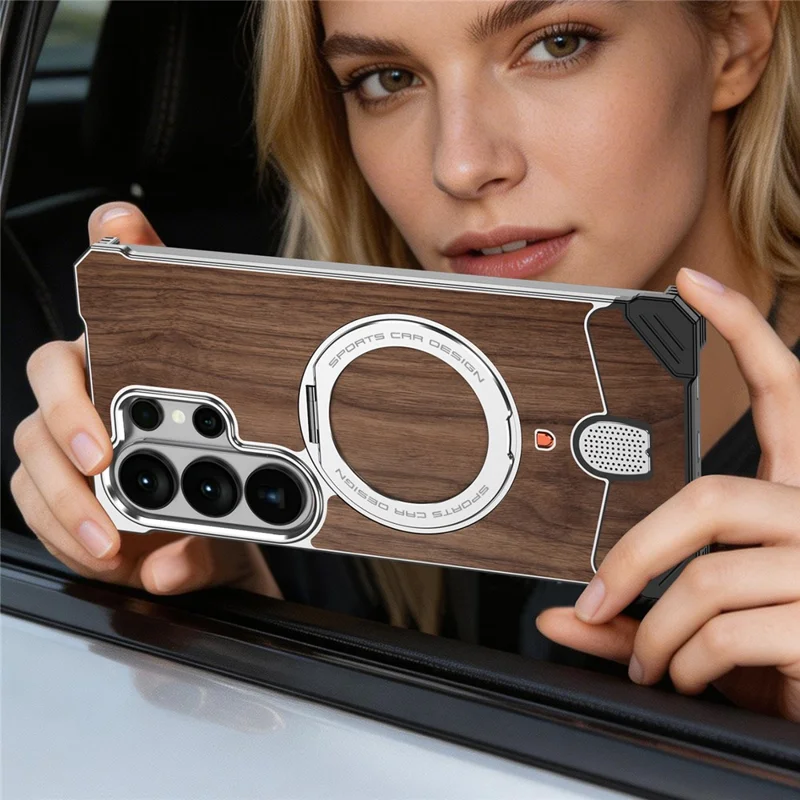 For Samsung Galaxy S26 Ultra Frameless Case Walnut Wood Pattern Rotating Kickstand Metal Snap-on Phone Cover - Purple