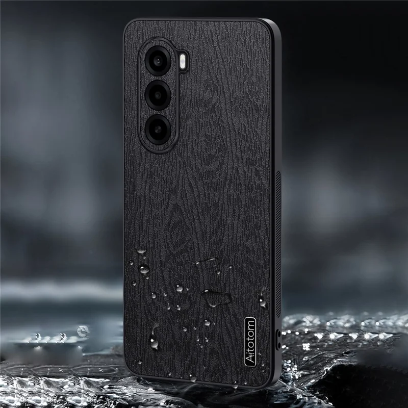 For OnePlus Turbo 6X 5G Case Wood Texture PU Leather Coated PC TPU Phone Cover - Black