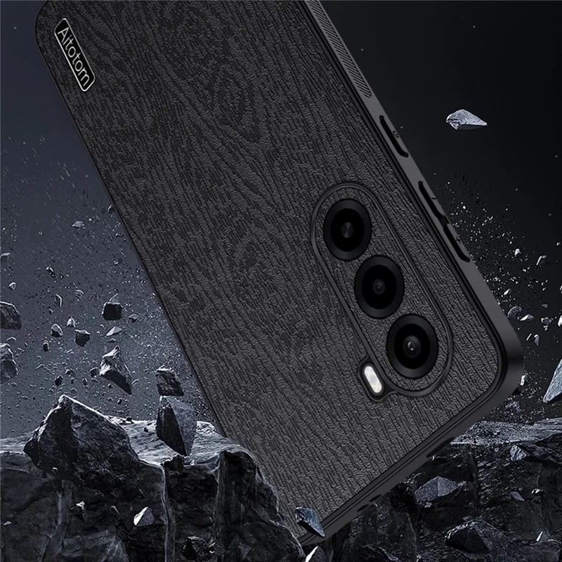 For OnePlus Turbo 6X 5G Case Wood Texture PU Leather Coated PC TPU Phone Cover - Black