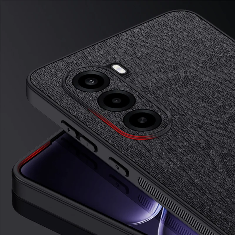 For OnePlus Turbo 6X 5G Case Wood Texture PU Leather Coated PC TPU Phone Cover - Black