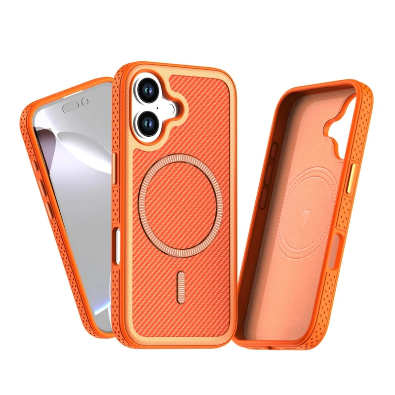 For iPhone 17 Magnetic Case Carbon Fiber Texture PC + TPU Phone Cover with Independent Button - Orange