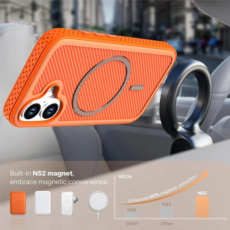 For iPhone 17 Magnetic Case Carbon Fiber Texture PC + TPU Phone Cover with Independent Button - Orange