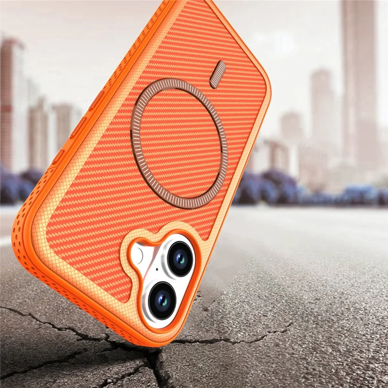 For iPhone 17 Magnetic Case Carbon Fiber Texture PC + TPU Phone Cover with Independent Button - Orange