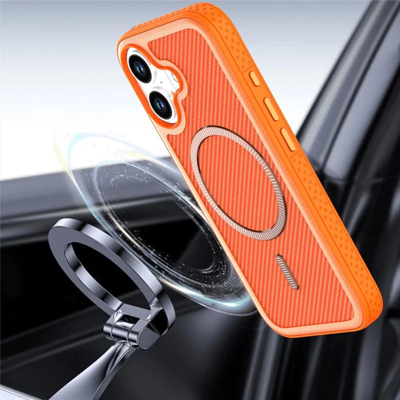 For iPhone 17 Magnetic Case Carbon Fiber Texture PC + TPU Phone Cover with Independent Button - Orange
