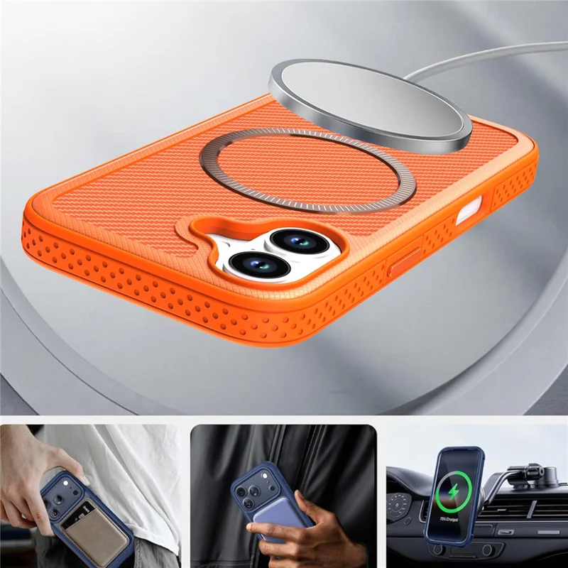 For iPhone 17 Magnetic Case Carbon Fiber Texture PC + TPU Phone Cover with Independent Button - Orange