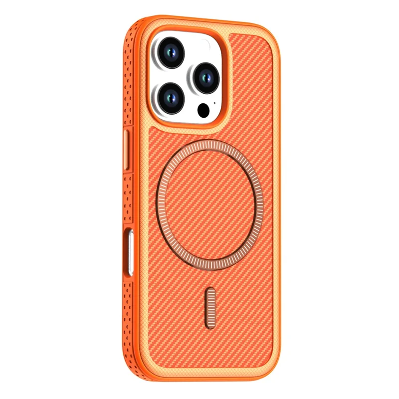 For iPhone 16 Pro Max Magnetic Case Carbon Fiber Texture PC + TPU Phone Cover with Independent Button - Orange