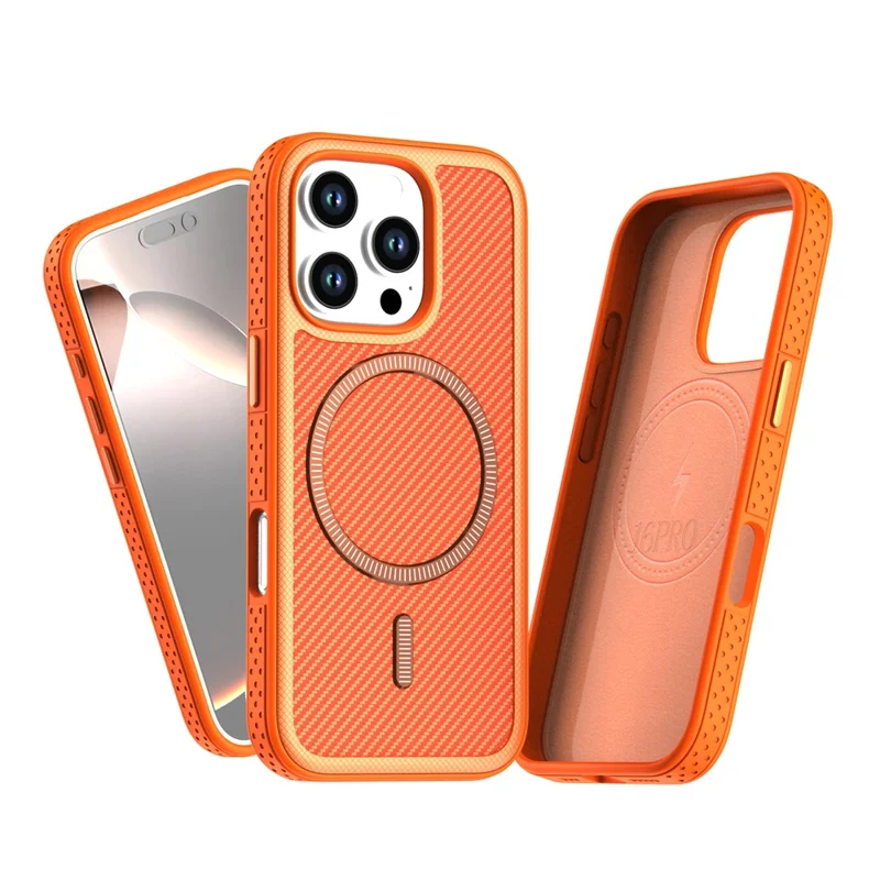 For iPhone 16 Pro Max Magnetic Case Carbon Fiber Texture PC + TPU Phone Cover with Independent Button - Orange