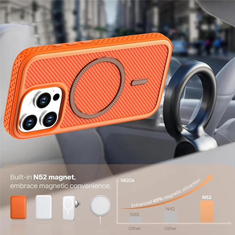 For iPhone 16 Pro Max Magnetic Case Carbon Fiber Texture PC + TPU Phone Cover with Independent Button - Orange