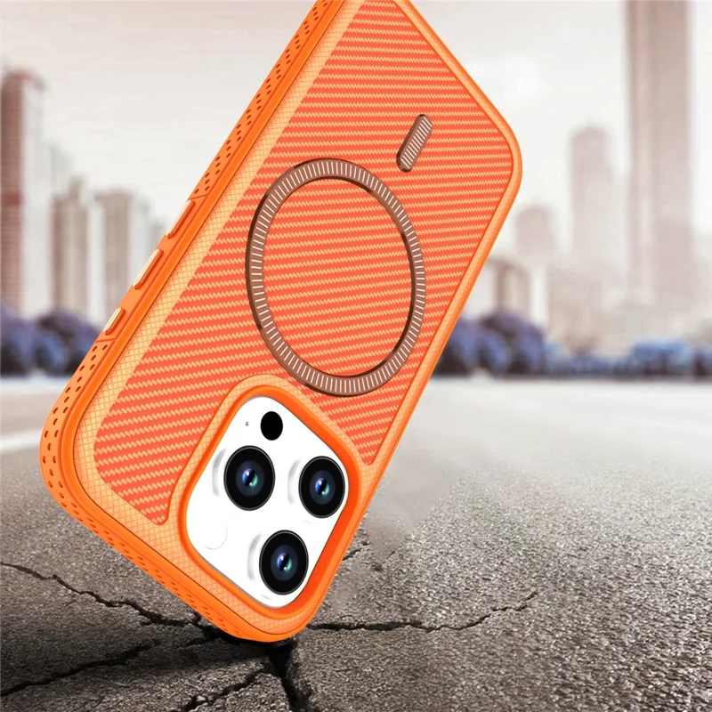 For iPhone 16 Pro Max Magnetic Case Carbon Fiber Texture PC + TPU Phone Cover with Independent Button - Orange
