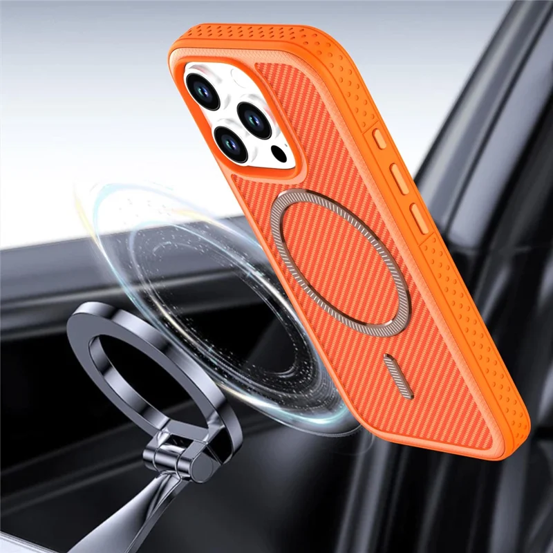 For iPhone 16 Pro Max Magnetic Case Carbon Fiber Texture PC + TPU Phone Cover with Independent Button - Orange