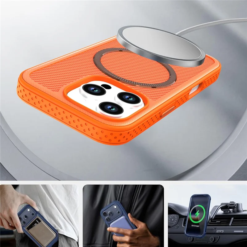 For iPhone 16 Pro Max Magnetic Case Carbon Fiber Texture PC + TPU Phone Cover with Independent Button - Orange
