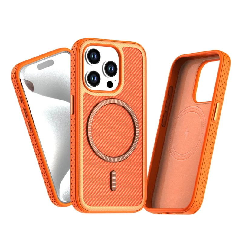 For iPhone 15 Pro Max Magnetic Case Carbon Fiber Texture PC + TPU Phone Cover with Independent Button - Orange