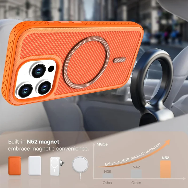 For iPhone 14 Pro Magnetic Case Carbon Fiber Texture PC + TPU Phone Cover with Independent Button - Orange