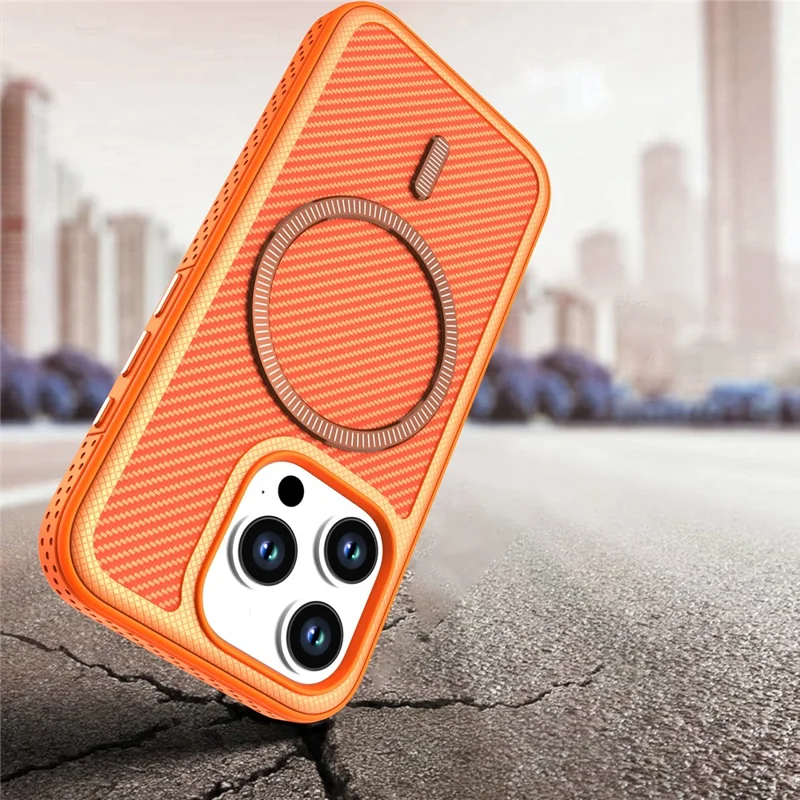 For iPhone 14 Pro Magnetic Case Carbon Fiber Texture PC + TPU Phone Cover with Independent Button - Orange