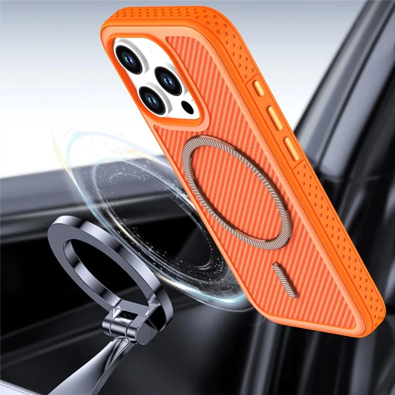 For iPhone 14 Pro Max Magnetic Case Carbon Fiber Texture PC + TPU Phone Cover with Independent Button - Orange