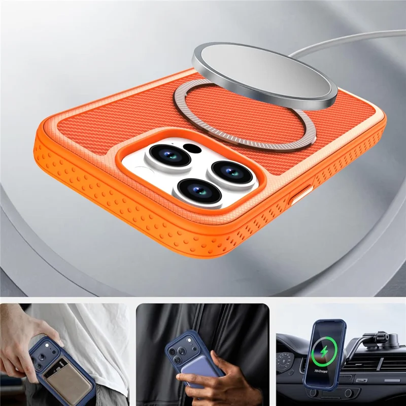 For iPhone 13 Pro Magnetic Case Carbon Fiber Texture PC + TPU Phone Cover with Independent Button - Orange