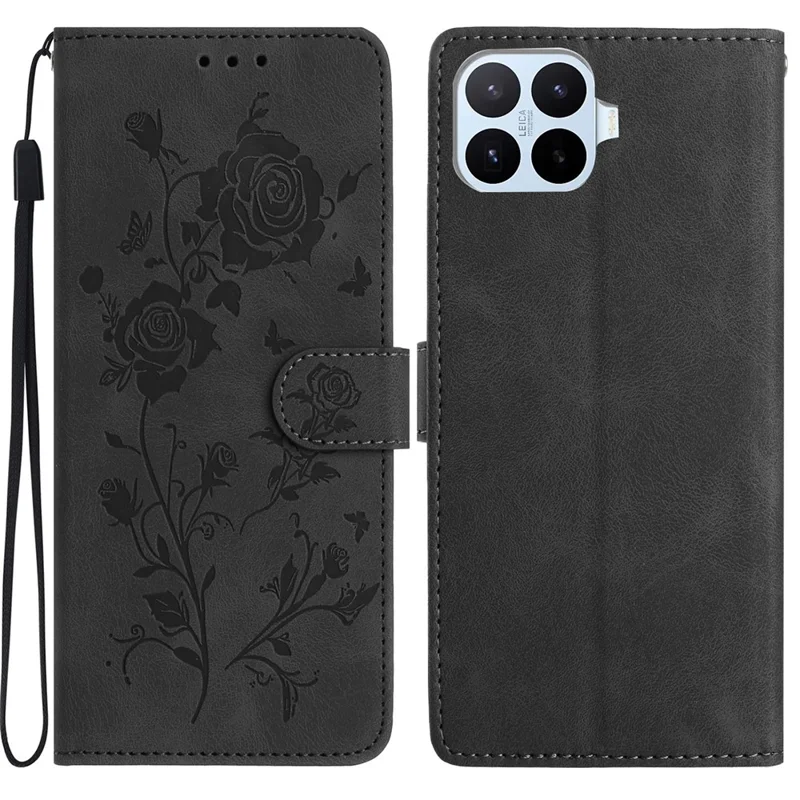 Wallet Case For Xiaomi 17T Rose Pattern Imprinted Leather Cover with Strap - Black