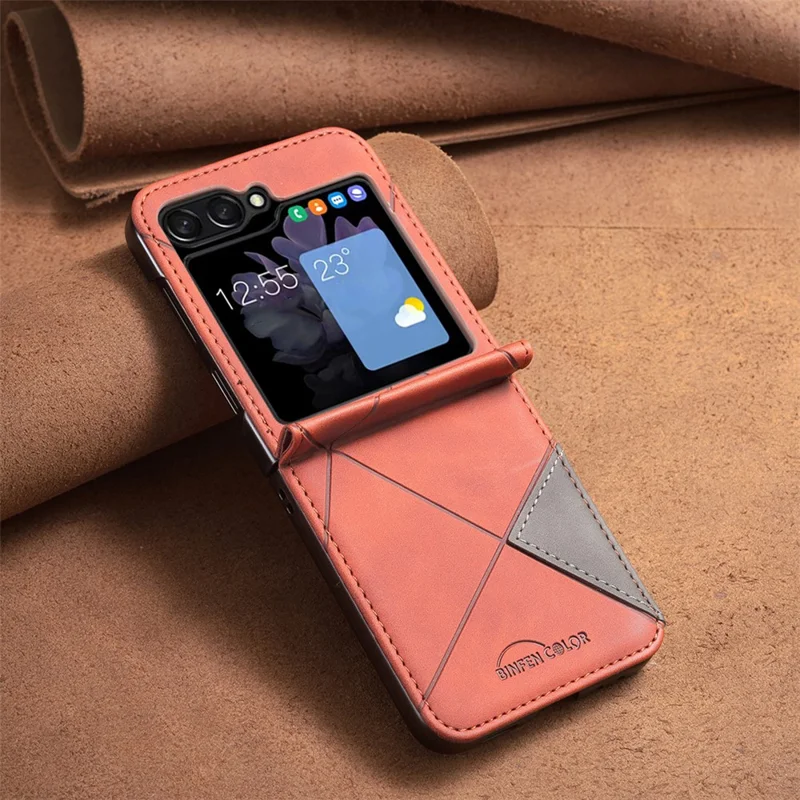 BINFEN COLOR for Samsung Galaxy Z Flip8 Case PU Leather Geometry Imprinted Protective Cover - Brown
