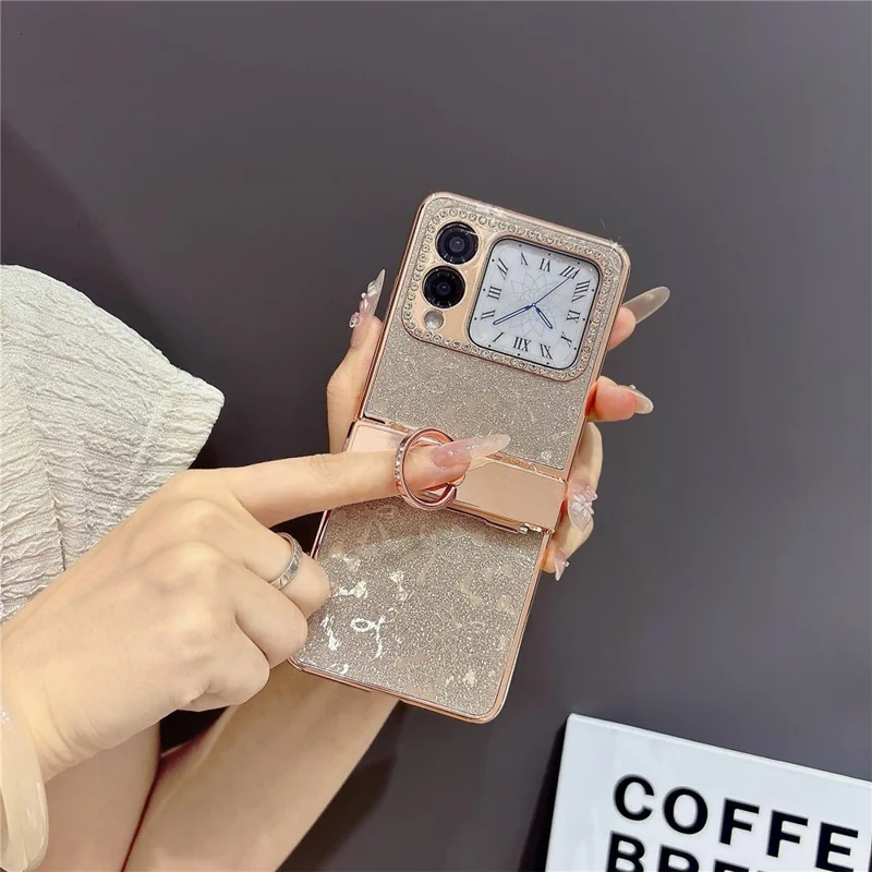Чехол для Huawei nova Flip 5G с кольцом-держателем, подставкой, дизайном с бантом, блестящей отделкой из поликарбоната - Черный